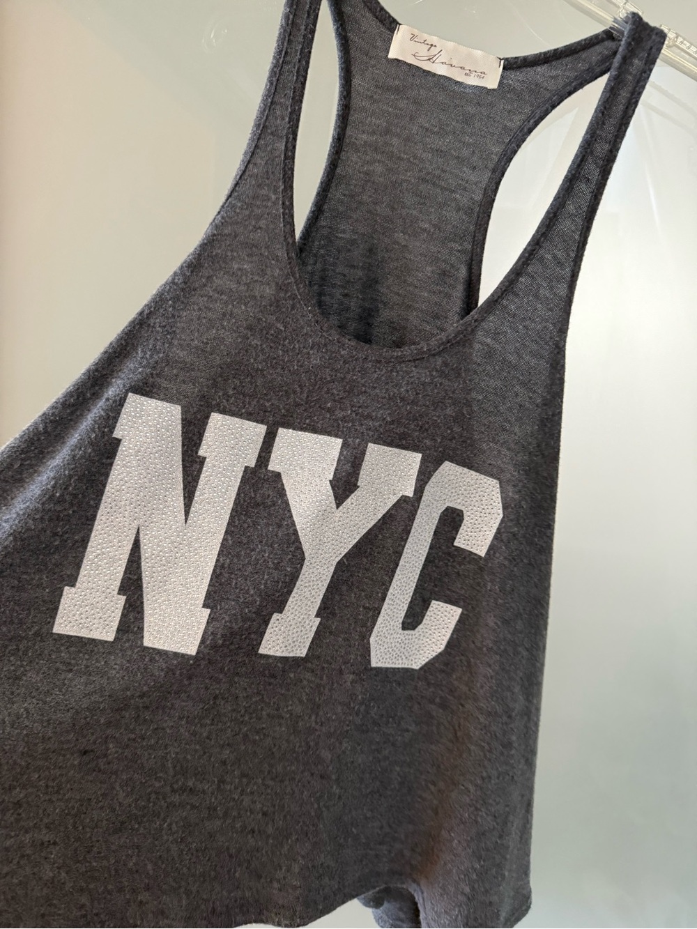 Vintage Havana Charcoal Racerback Tank with White NYC Graphic